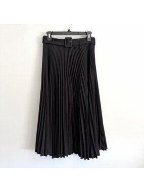 NEW Zara Black Pleated Midi Skirt with Removable Belt Women’s Size Small
